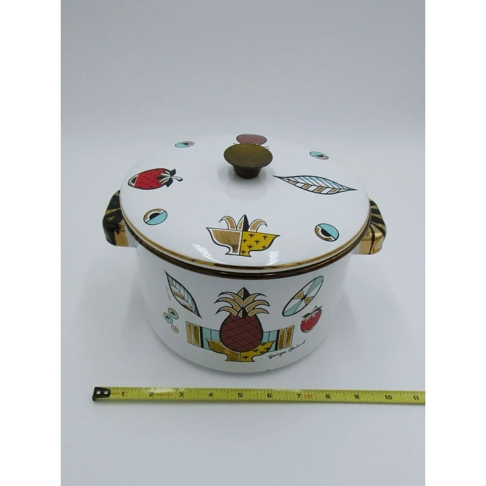 VTG MCM 2 qt Sauce Pot Georges Briard Ambrosia Pineapple Enamelware 60s Retro